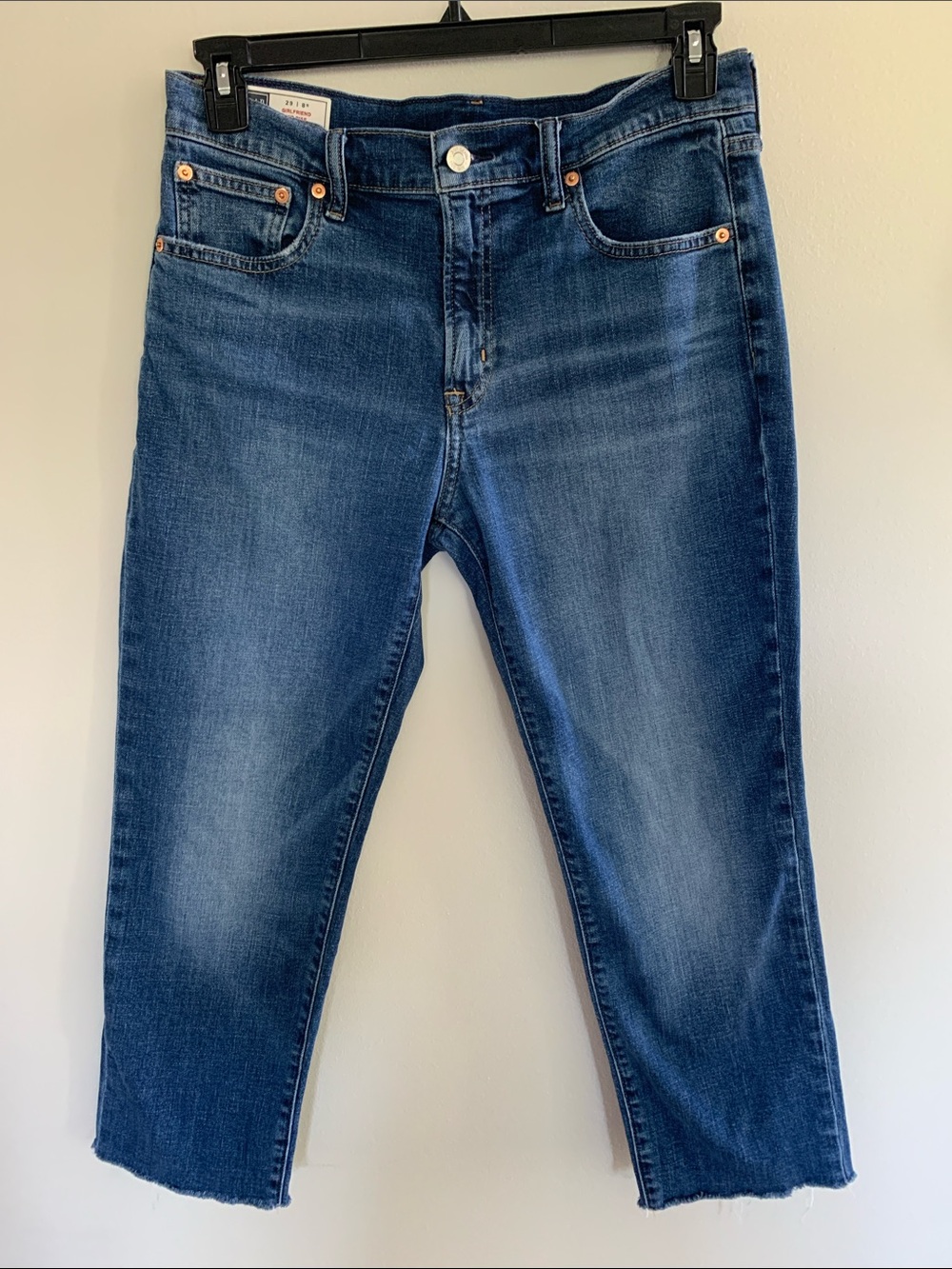 GAP Denim Girlfriend Mid Rise Jeans - Blue with Copper Accents
